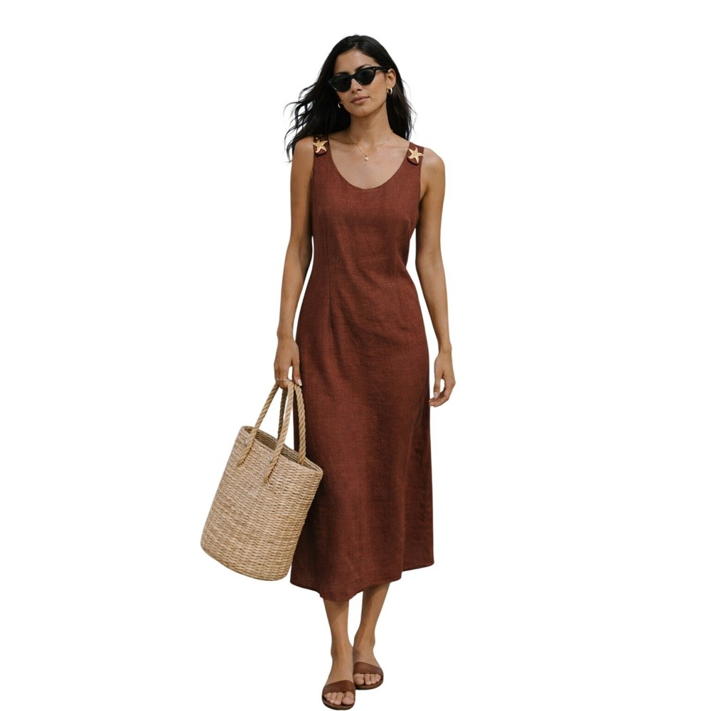 REBECCA THOMAS Linen Starfish Midi Dress Coastal 90s Resortwear Brown 12‎